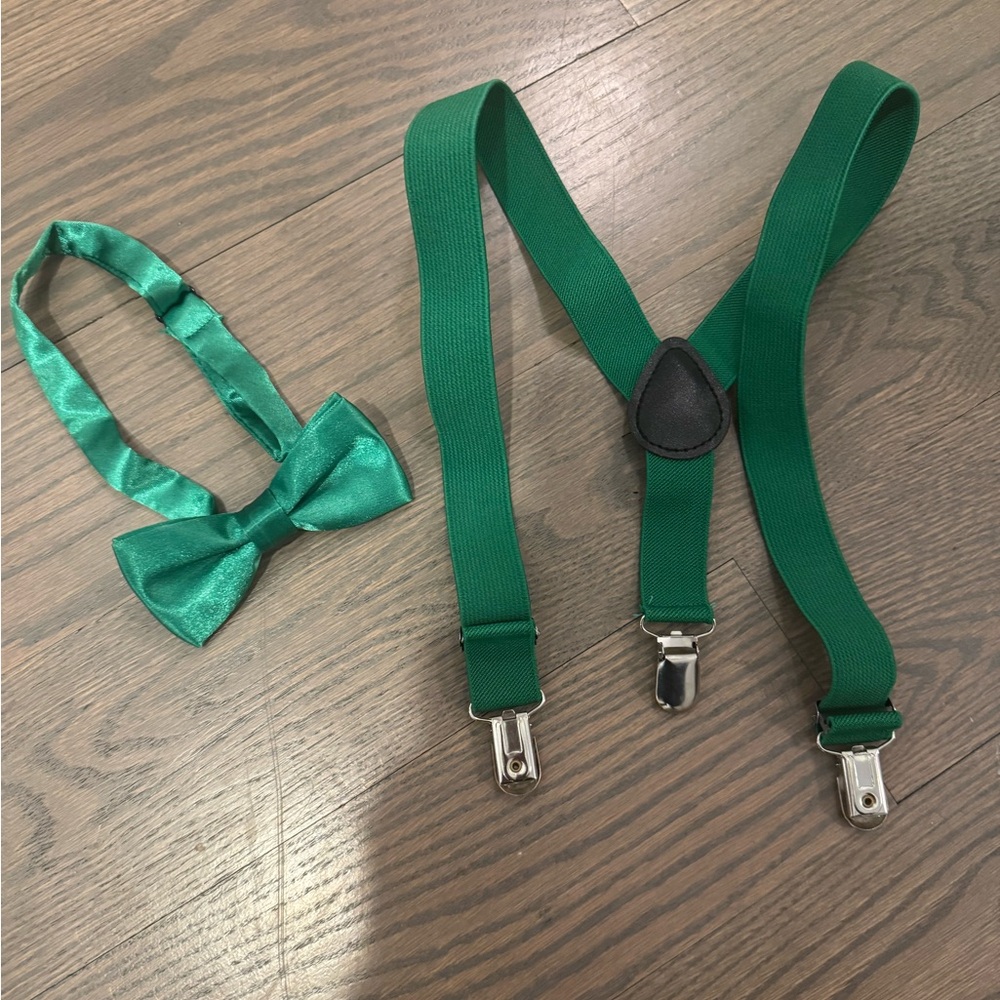 Green Bow Tie and Suspender Set for Kids Adjustable